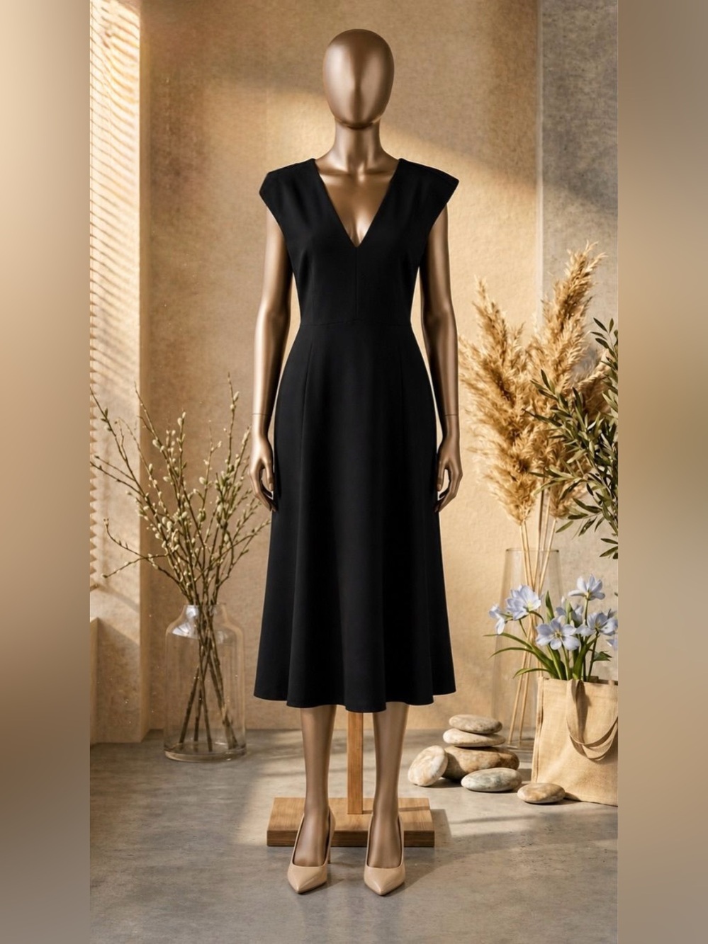 Halogen Black V-Neck Cap Sleeve Midi Dress